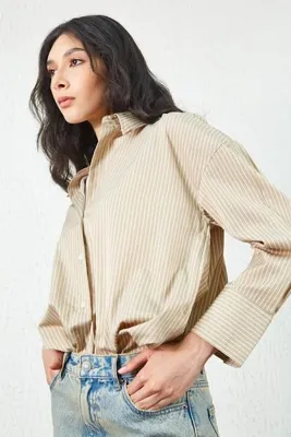 EDITION Bej Ince Çizgili Pamuk Saten Oversize Rahat Kalıp Kadın Basic Gömlek | Ek334864-7432