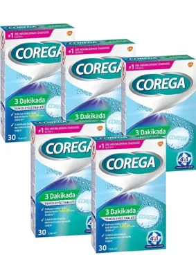 Corega 3 Dakikada Temizleyici Tablet 30 Tablet Diş Protezi İçin Derinlemesine Temizlik Sağlar (5 Adet)