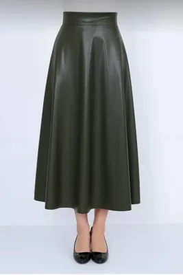 WAYS Kadın Suni Deri Haki Uzun Tesettür Kloş Mevlana Etek Faux Leather