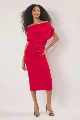 TRENDYOLMİLLA Kırmızı Midi Büzgü/Drape Detaylı Örme Elbise TWOSS25EL00780