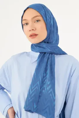 MİRSOY SCARF Zikzak Desen Parlak Jakar Şal - Mavi