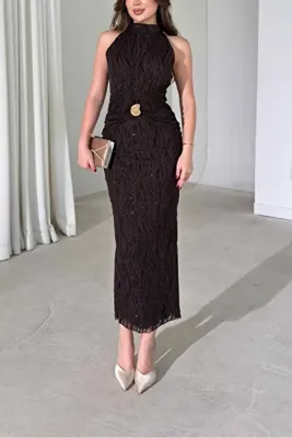 Nika Fashion Kadın Flok Baskı Boyundan Bağlamalı Sim Detay Maxi Boy Elbise Kahverengi