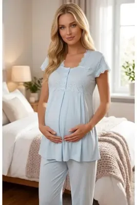Pelin Kadın Turkuaz Dantelli Özel Tasarım Lohusa Hamile Pijama Takımı
