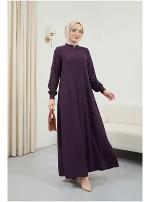 Podyumplus Yan Cepli Boydan Fermuarlı Kolu Lastikli Ferace -Mor