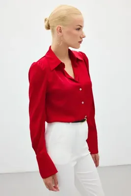 Sateen Vatkalı Saten Gömlek - Kırmızı