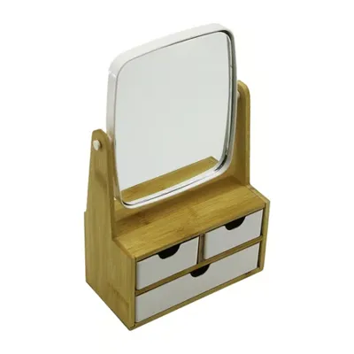 Diğer 3 Çekmeceli Bambu Ahşap Standlı 9x9.5x18x21.5cm Makyaj Aynası 15x18cm Takılık 2+1 Organizer siyah