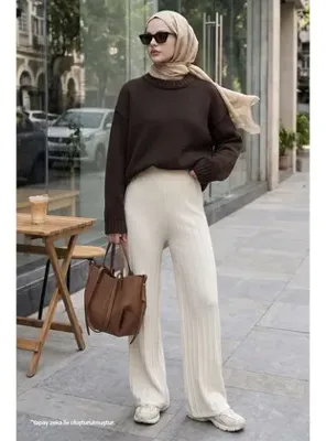 InStyle Kalın Fitilli Ekru Triko Pantolon