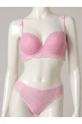 Genel Markalar Pembe Dantel İşlemeli Push-Up Destekli Sütyen Takımı