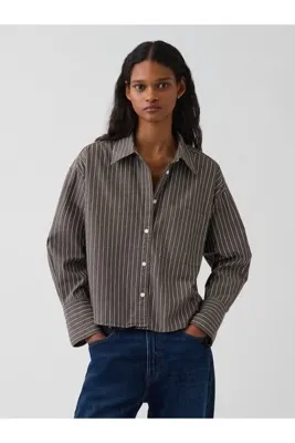 Gap Kadın Kahverengi Organik Pamuk Poplin Oversized Crop Gömlek