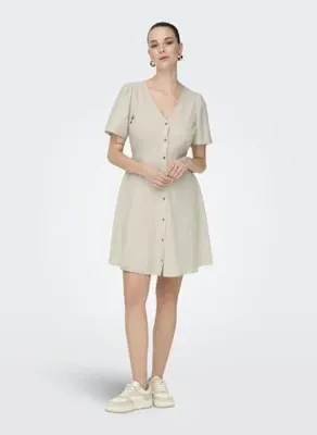 ONLY Ekru Kadın V Elbise ONLVITA LIFE S/S SHORT DRESS NOOS W