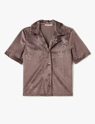 Koton Gömlek Yaka Yıldız Desenli Kısa Kollu Kadife Pijama Üstü
