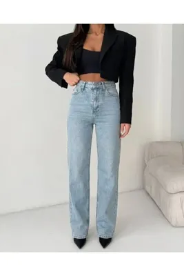 HerTon Kadın Yüksek Bel %100 Pamuk Jean Pantolon - Düz Kesim Straight Denim