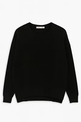 Mixray 6183 Kadın Nopeli Oversize Triko İnce Basic Kazak Siyah