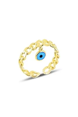 Söğütlü Silver Gümüş Altın Yaldızlı, Nazarlı Alttan Ayarlamalı Zincir Yüzük Sgtl11450gold