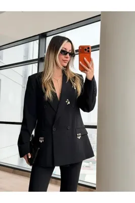 ALVOR Kadın İncili ve Gold Aksesuar Detaylı Kruvaze Blazer Ceket