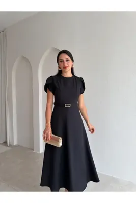 Mooi Butik ALORAH Kemerli Midi Elbise 3679 - Siyah