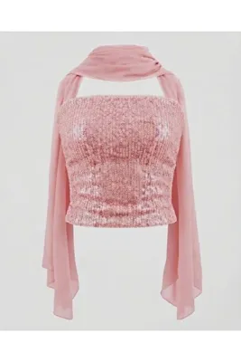 auraandmore AURORA PAYETLİ STRAPLEZ ŞİFON FULAR DETAYLI CROP BLUZ
