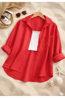 İnazuma Outdoors Kadın Keten Kırmızı Gömlek Yazlık Oversize Gömlek Yeni Sezon