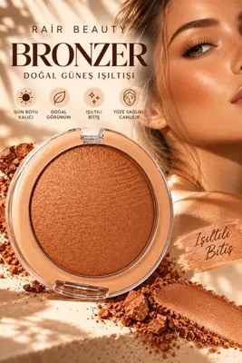 RAİR BEAUTY Işıltılı Bronzer – Doğal Güneş Etkili, Parlak Bitişli, Aynalı Kapaklı ve Süngerli Yüz Makyajı Bronzer Pudrası