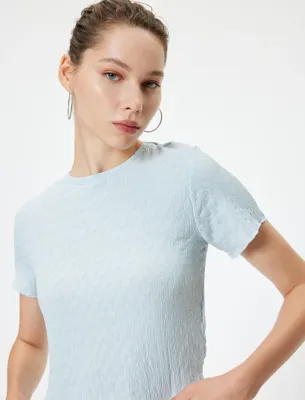 Koton Bürümcük Tişört Crop Kısa Kollu Bisiklet Yaka Slim Fit