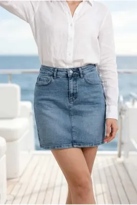 we-rayss Kadın Yüksel Bel, Regular Kalıp, Cepli Denim Kot Etek Boy 45 cm Mini Etek