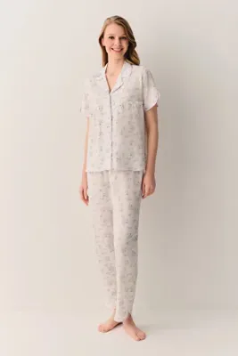 SUWEN Butterfly Pamuklu Gömlek Yaka Pijama Takımı