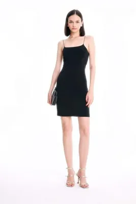 Defacto Bodycon Kare Yaka Siyah Askılı Mini Elbise D3265AXNS