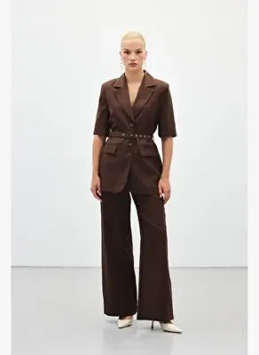 Sateen Bol Paça Keten Pantolon - Kahve