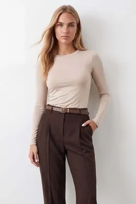 Trend Alaçatı Stili Kadın Bej Bisiklet Yaka Basic Bluz Alc-X14389