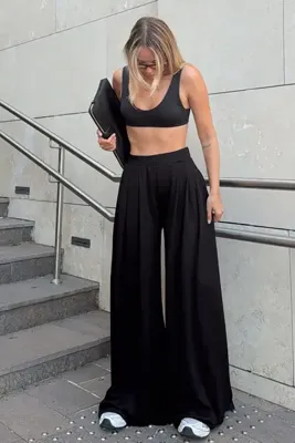 Swist Siyah Pileli Cepli Extra Bol Paça Kadın Modal Pantolon