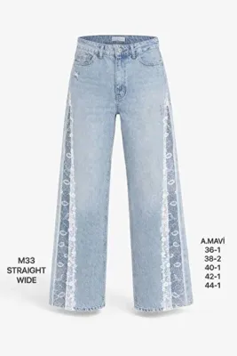 Miss Poem Kadın Açık Mavi Dantel Detaylı Straight Wide Jean Pantolon