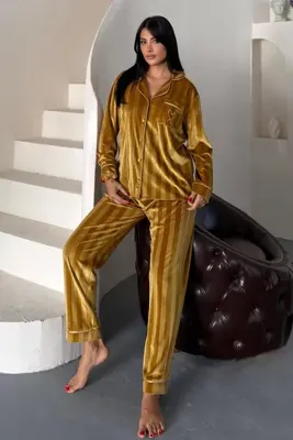 COCCOLARSI Tocco Scintillante Hardal Kadife Uzun Pijama Takımı