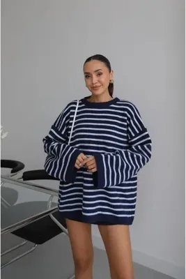 Havoş Lacivert Noyan Oversize Çizgili Triko Kazak