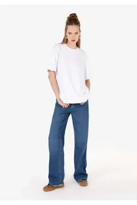 Colins 970 Berry Regular Fit Yüksek Bel Geniş Paça Jean Mavi Kadın Pantolon
