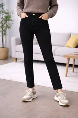 DELDNM Line Kadın Siyah Yüksek Bel Likralı Trend Mom Jean