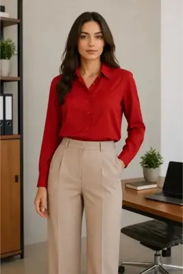 velmorafashion Kadın Uzun Kol Gömlek Düğmeli Klasik Yaka Günlük ve Ofis Şıklığına uygun - Kırmızı
