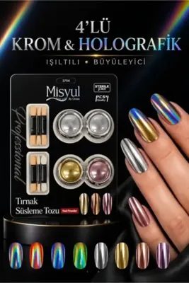 Ocean Misyul 4'lü Metalik Krom Tozu 4 Farklı Renk Seçeneği Kalıcı Oje Üstü Parlak Aynalı Metalik Rose Gold Efektli Tırnak Süsleme Tozu Set