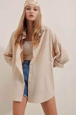 Bigdart 3900 Oversize Uzun Basic Gömlek - Krem