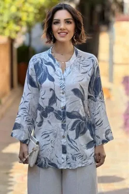 Nevin Kaya Moda Beyaz Yaprak Desenli %100 Pamuk Gömlek