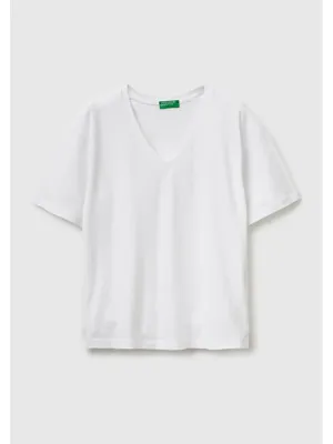 United Colors Of Benetton Kadın Beyaz %100 Pamuk Klasik V Yaka T-Shirt