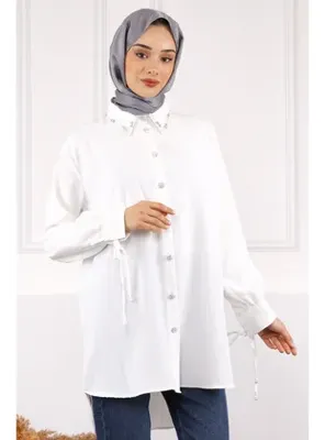 İmaj Butik Ekru Kolu Bağcıklı Yaka Taşlı Linda Tunik