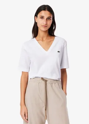Lacoste Beyaz Pamuklu Jersey V Yaka Rahat Kesim Kısa Kollu Kadın T-shirt