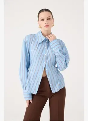 Holly Lolly Çizgili Belden Oturmalı Betty Gömlek Mavi