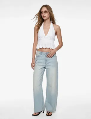 Koton Gipeli Volanlı Kolsuz Pamuklu Nakışlı Sırtı Açık Crop Halter Yaka Bluz