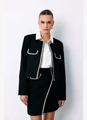 Sateen Bisiklet Yaka Kısa Ceket - Siyah
