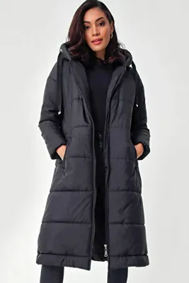 Bigdart Kapşonlu Uzun Şişme Siyah Kadın Mont 5120