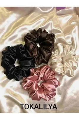 TOKALİLYA Kadın Lastikli 4Lü Çapı 15 Cm Kristal Saten Saç Lastik Simit Scrunçhie Toka Seti