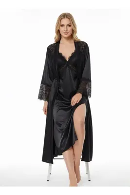 cherry queen Siyah Premium Saten Dantelli 6’lı Çeyizlik Gecelik Pijama Sabahlık Takımı Şortlu Şortlu Özel Kutulu