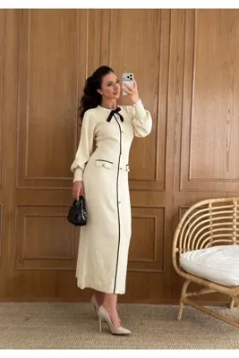 Abir Kadın Çizgi Detaylı Fiyonklu Şık Elbise (standart)