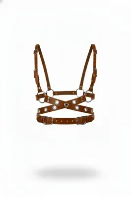 Angels Passion Kadın Kahverengi Deri Görünümlü Çapraz Bantlı Zımbalı Vücut Harness Kemeri Büyük Beden